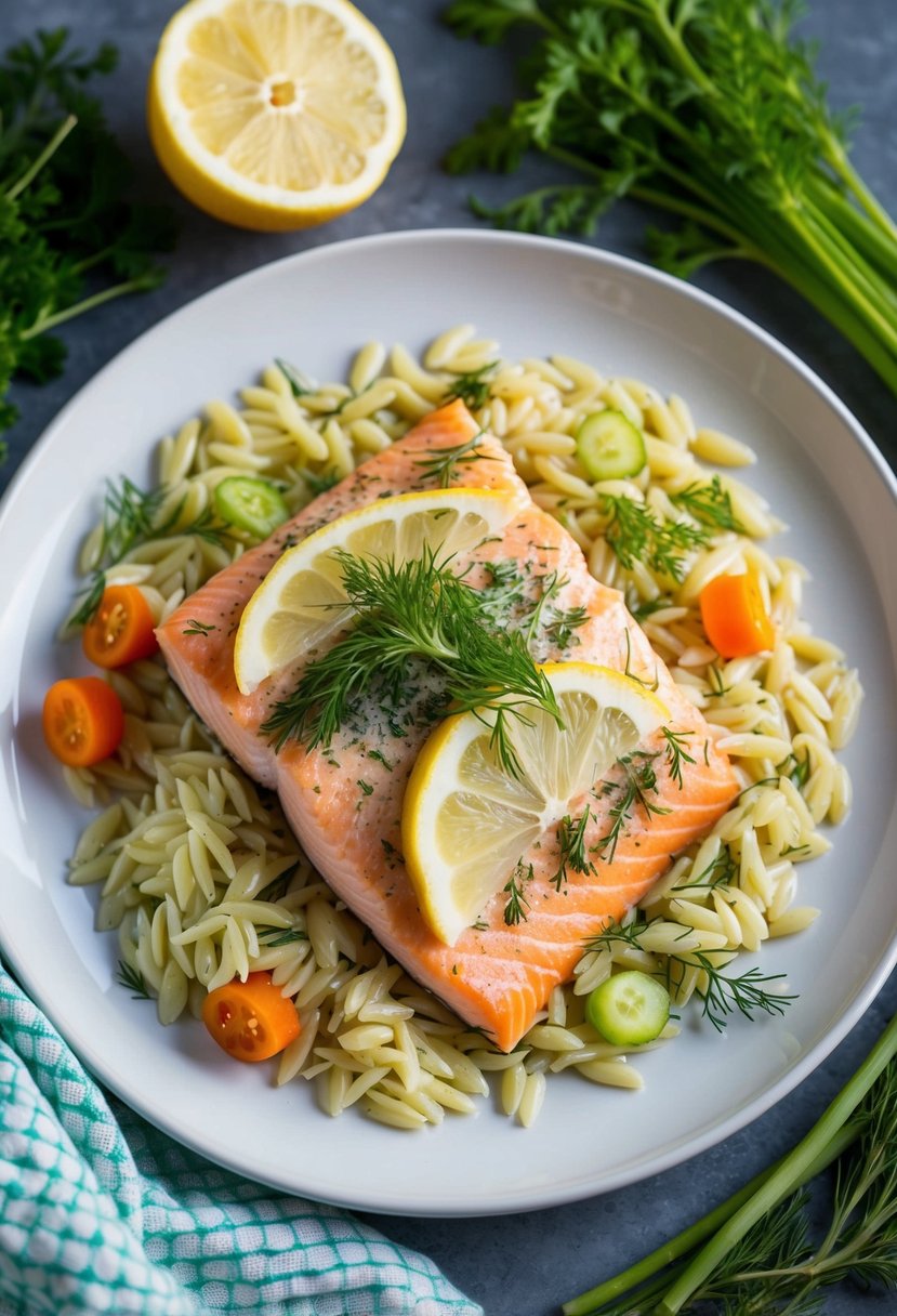 A plate of lemon dill salmon with orzo, surrounded by fresh herbs and bright, colorful vegetables