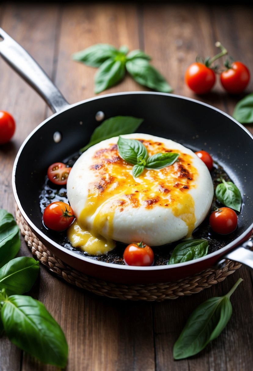 A golden-brown mozzarella in carrozza sizzling in a pan, oozing with melted cheese and surrounded by fresh basil leaves and cherry tomatoes