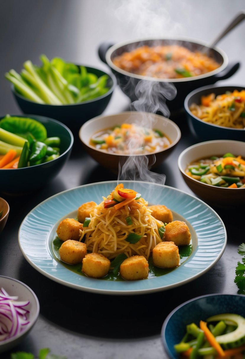 A table set with a steaming plate of pinakbet, surrounded by bowls of fresh vegetables and savory ingredients