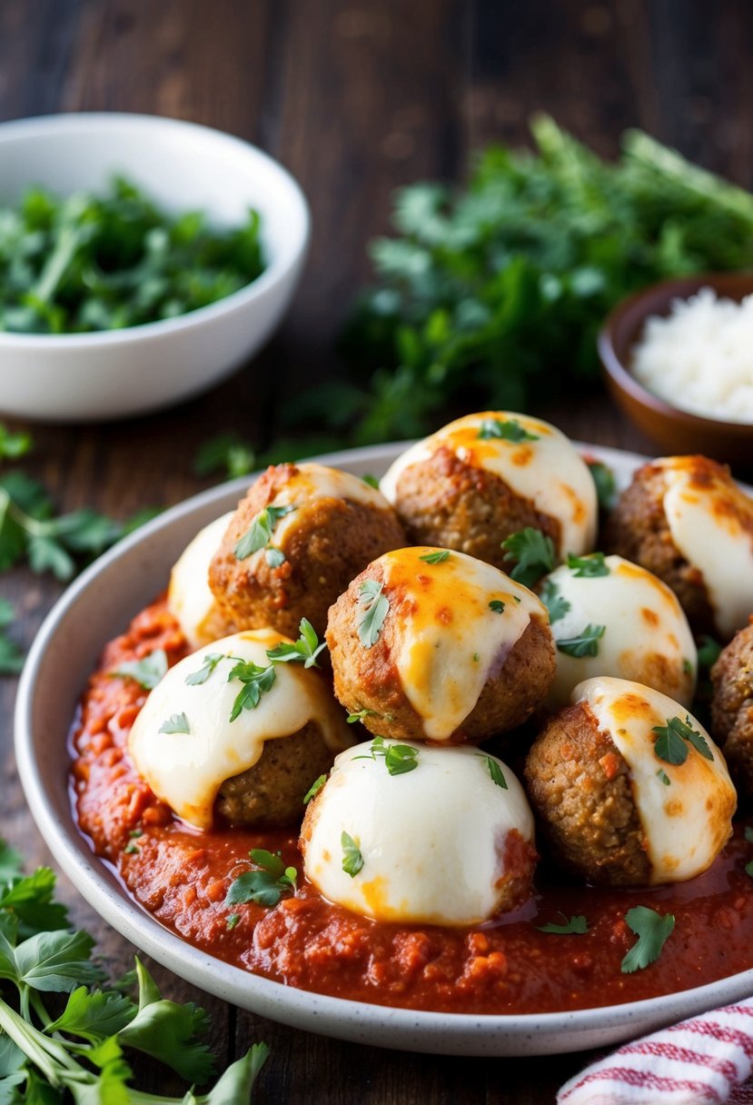 A platter of mozzarella stuffed meatballs, surrounded by fresh herbs and marinara sauce