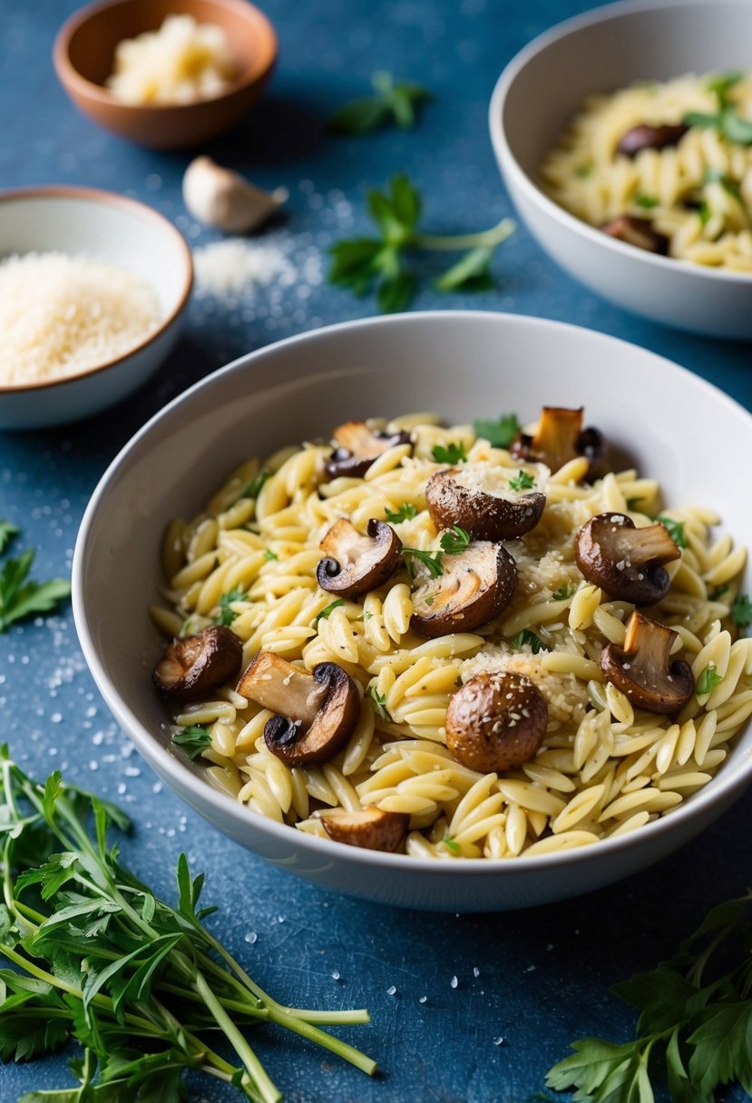 A steaming bowl of orzo with roasted garlic and mushrooms, surrounded by fresh herbs and a sprinkle of parmesan cheese