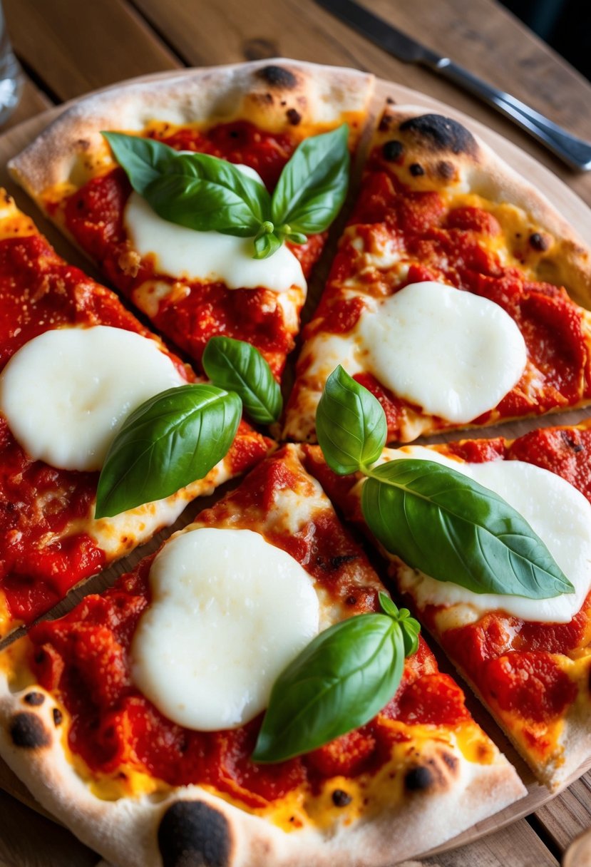 A wooden table with a freshly baked Margherita pizza topped with melted mozzarella, vibrant red tomato sauce, and fresh basil leaves