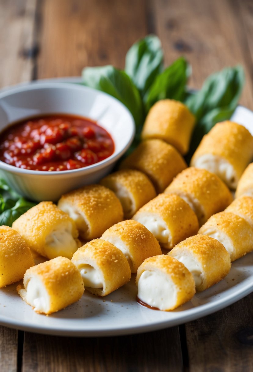 Golden mozzarella sticks arranged on a plate with marinara sauce for dipping