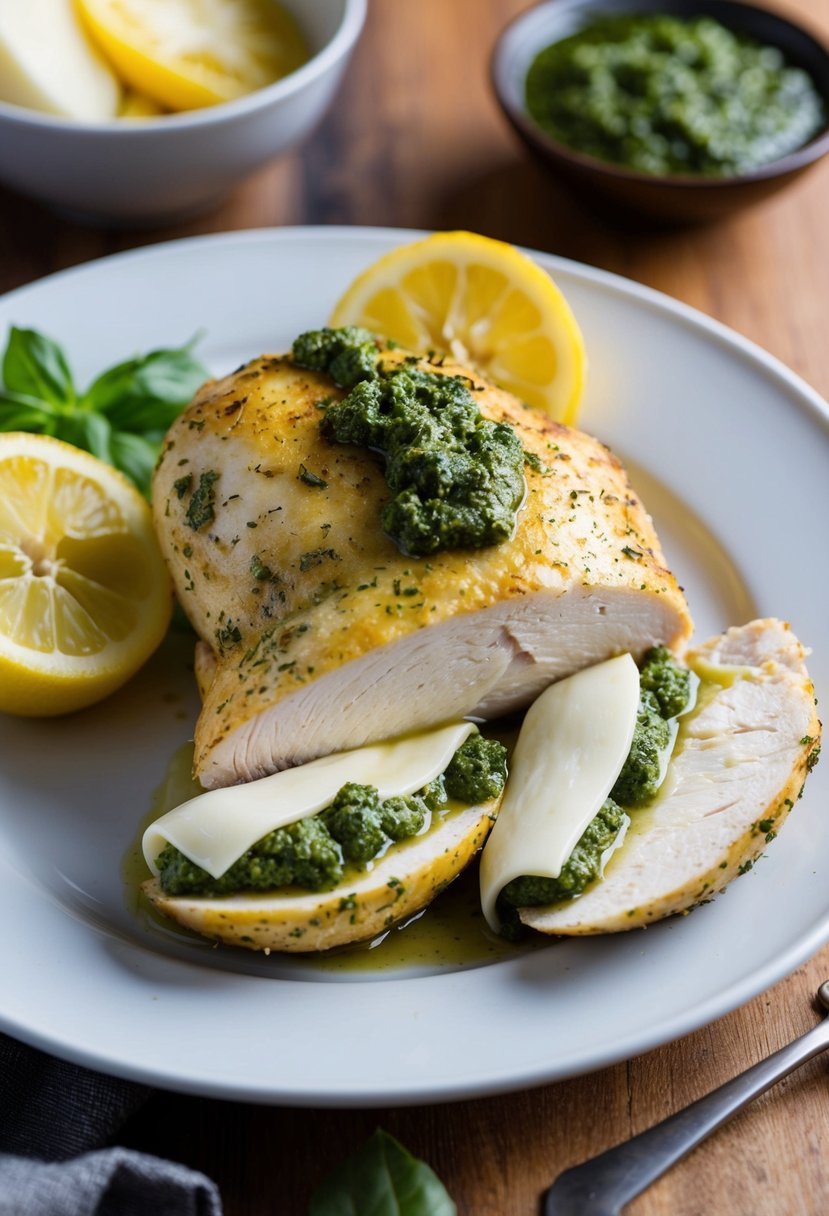 A whole chicken breast is sliced open and stuffed with mozzarella and pesto, then baked to golden perfection