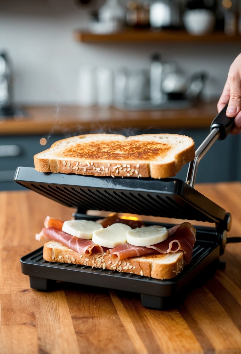 A sizzling panini press toasting mozzarella and prosciutto between two slices of bread