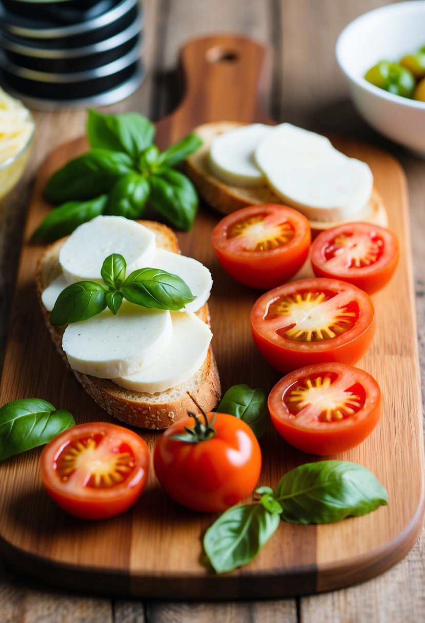 A wooden cutting board with sliced mozzarella, ripe tomatoes, and fresh basil leaves arranged for bruschetta