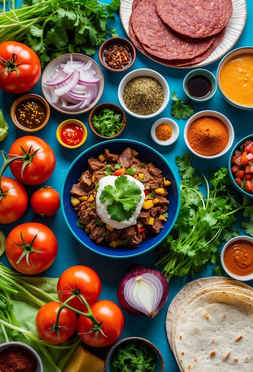 A colorful table filled with various ingredients like tomatoes, onions, cilantro, and different types of meat and tortillas, along with various spices and sauces