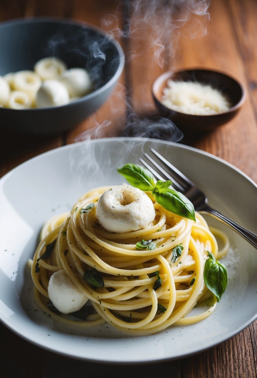 A steaming plate of mozzarella and basil pasta with a fork