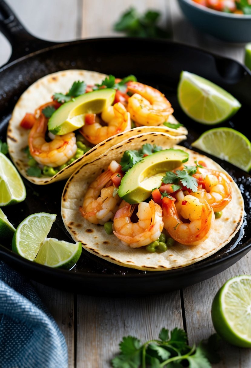 A sizzling skillet of spicy shrimp tacos, topped with fresh salsa and creamy avocado, served with a side of lime wedges and cilantro