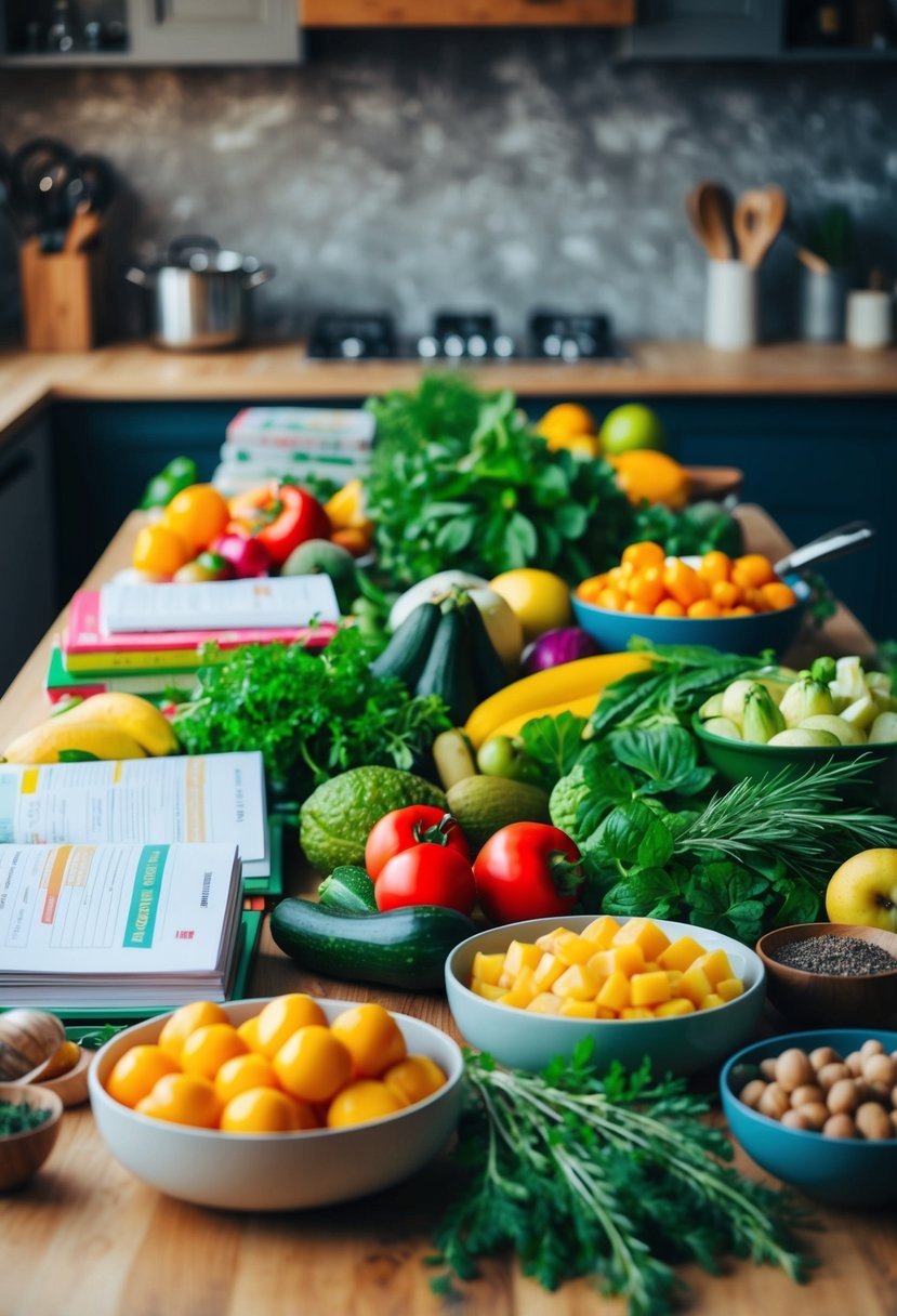 A table filled with fresh fruits, vegetables, and herbs, alongside colorful recipe books and cooking utensils