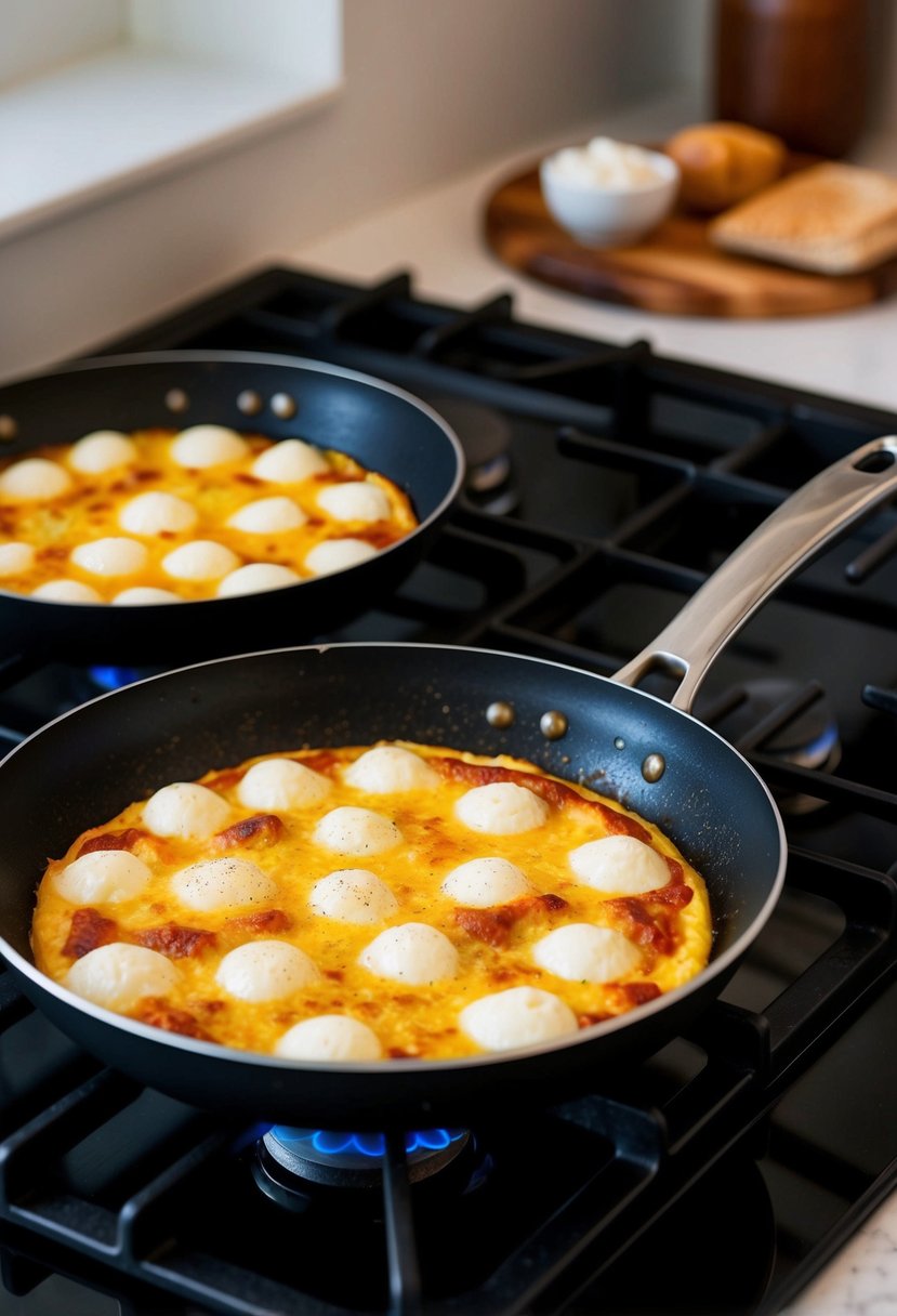 A sizzling pan with mozzarella frittata cooking on a stovetop