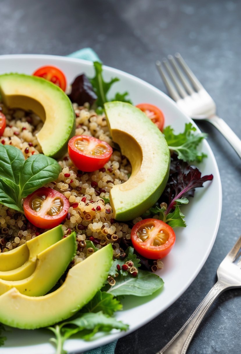 A colorful quinoa salad with sliced avocado, cherry tomatoes, and mixed greens arranged on a white plate