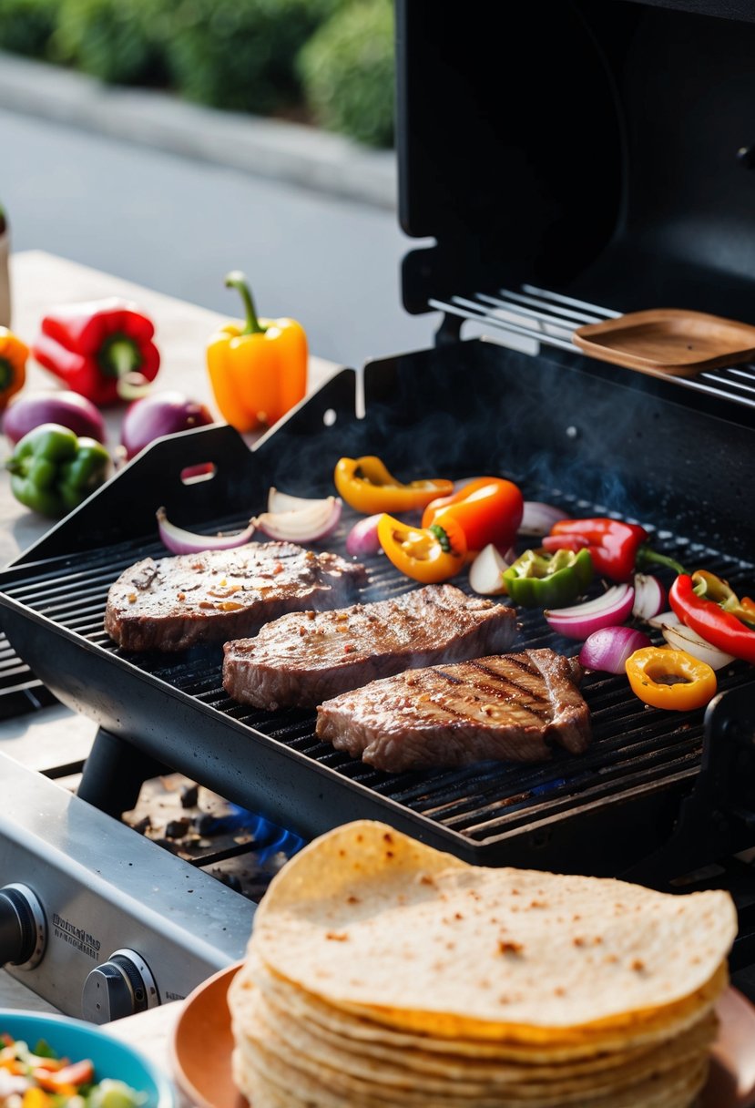 A sizzling grill with marinated steak, onions, and peppers. A stack of warm corn tortillas and various toppings on a table nearby