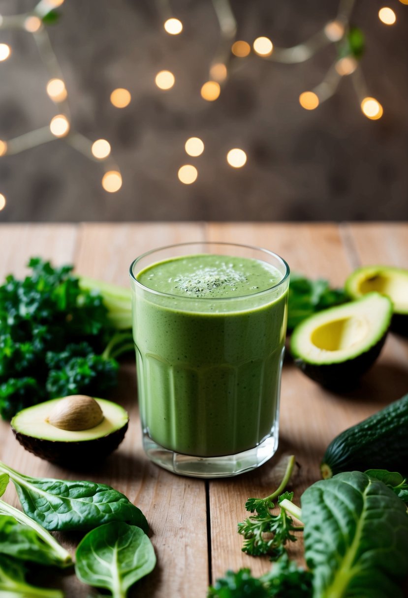 A glass of green detox smoothie surrounded by fresh spinach, kale, cucumber, and avocado on a wooden table