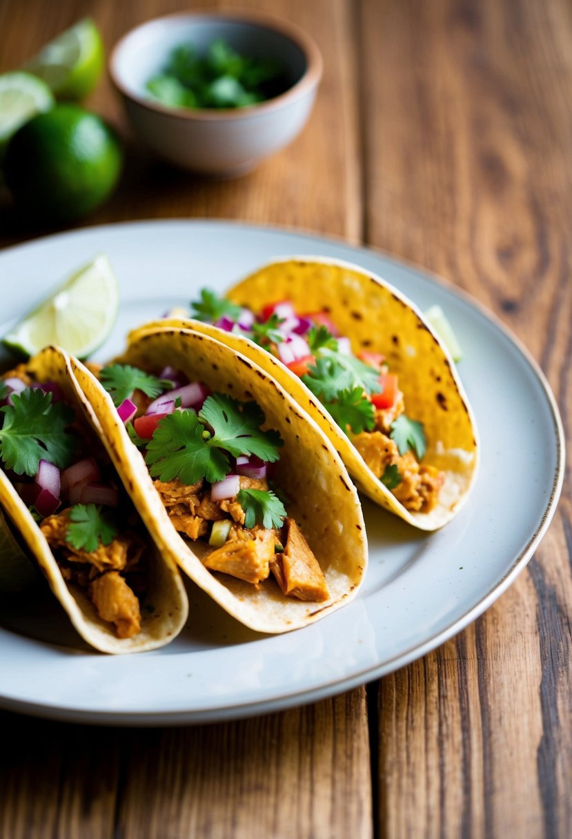 A plate of cilantro lime chicken tacos with vibrant toppings on a wooden table