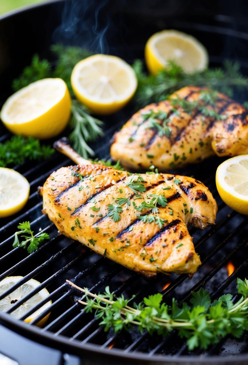 A sizzling lemon herb chicken grilling on a barbecue, surrounded by fresh herbs and lemon slices