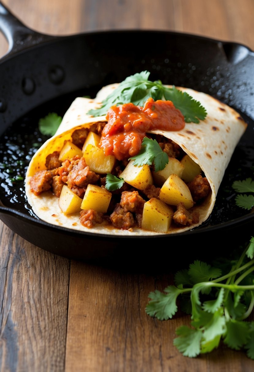 A sizzling skillet of diced chorizo and potato filling spilling out of a warm tortilla, topped with fresh cilantro and a drizzle of spicy salsa