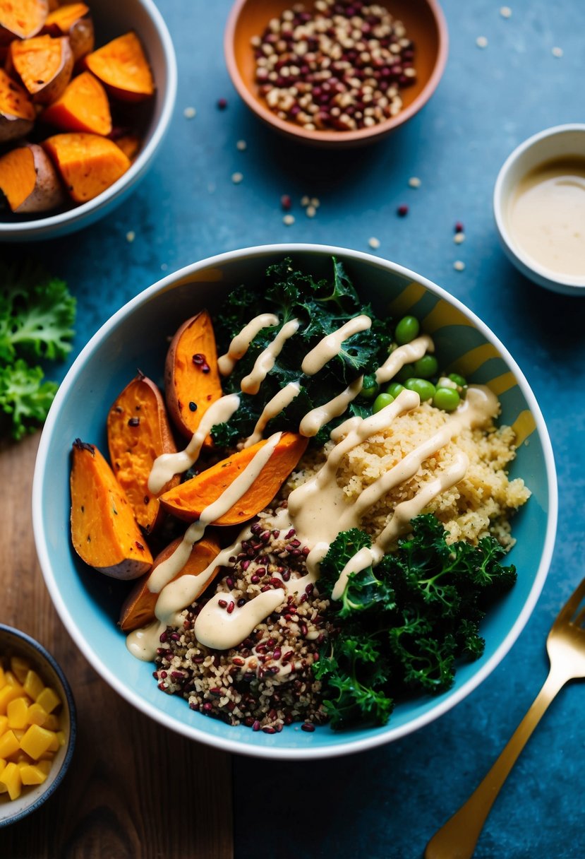 A colorful bowl filled with roasted sweet potatoes, sautéed kale, and quinoa, topped with a drizzle of tahini dressing