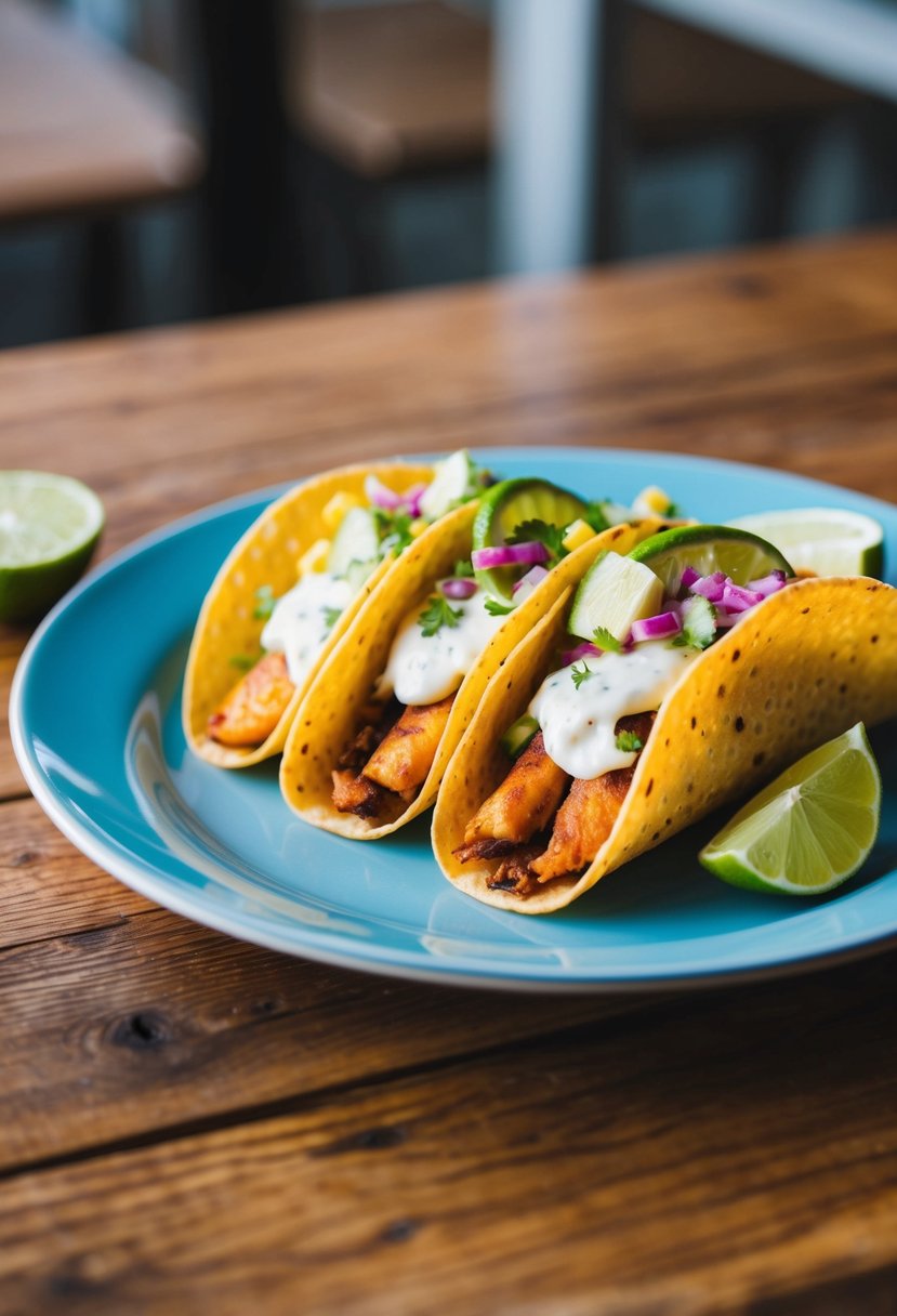 A plate of Baja fish tacos with colorful toppings and a side of lime wedges on a wooden table