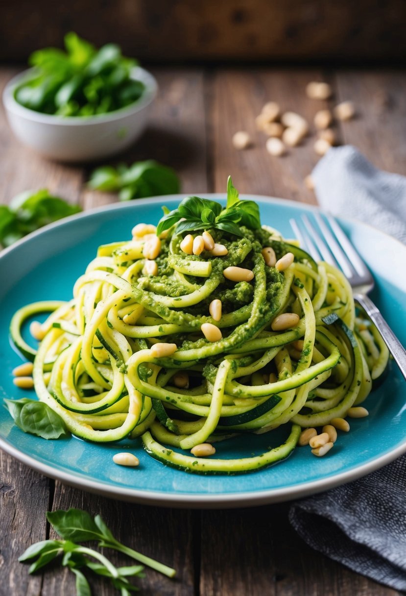 A plate of zucchini noodles topped with vibrant green pesto sauce, garnished with fresh herbs and pine nuts, set on a rustic wooden table