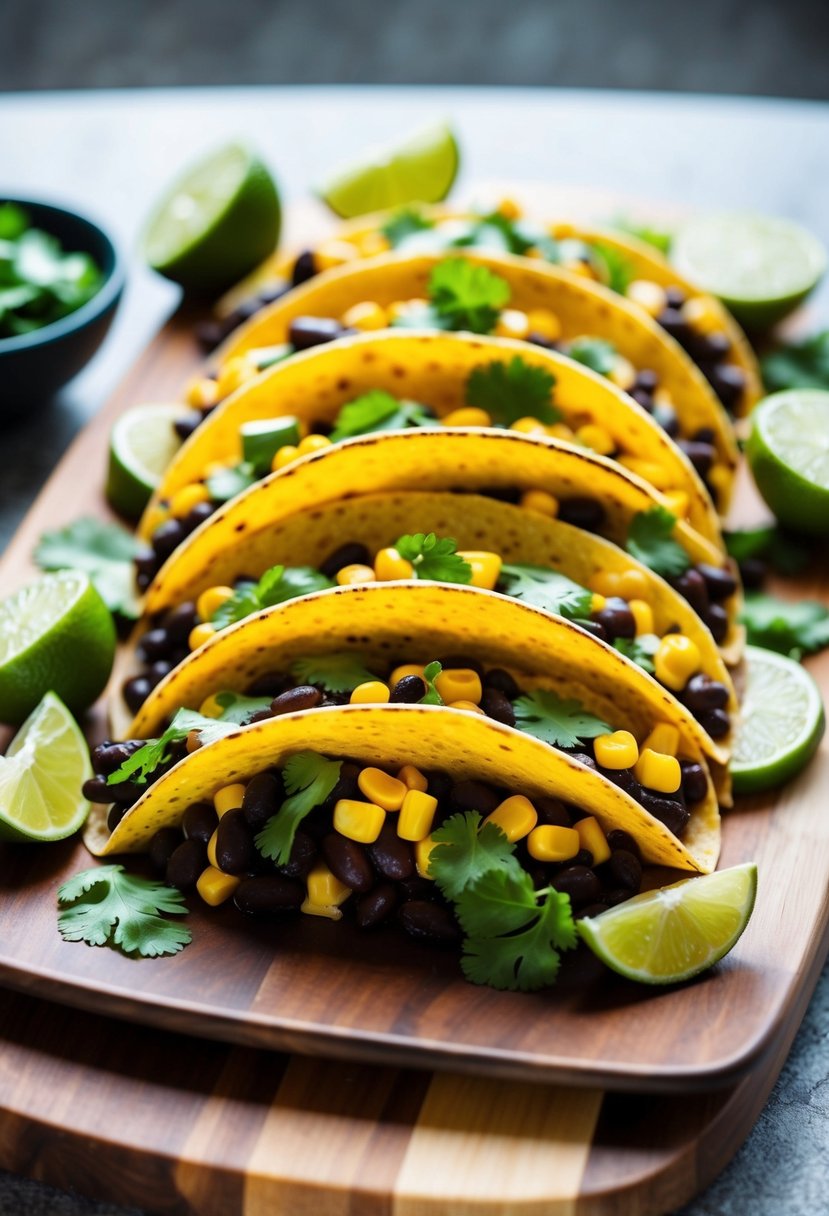 A colorful array of black bean and corn tacos arranged on a wooden serving platter, garnished with fresh cilantro and lime wedges