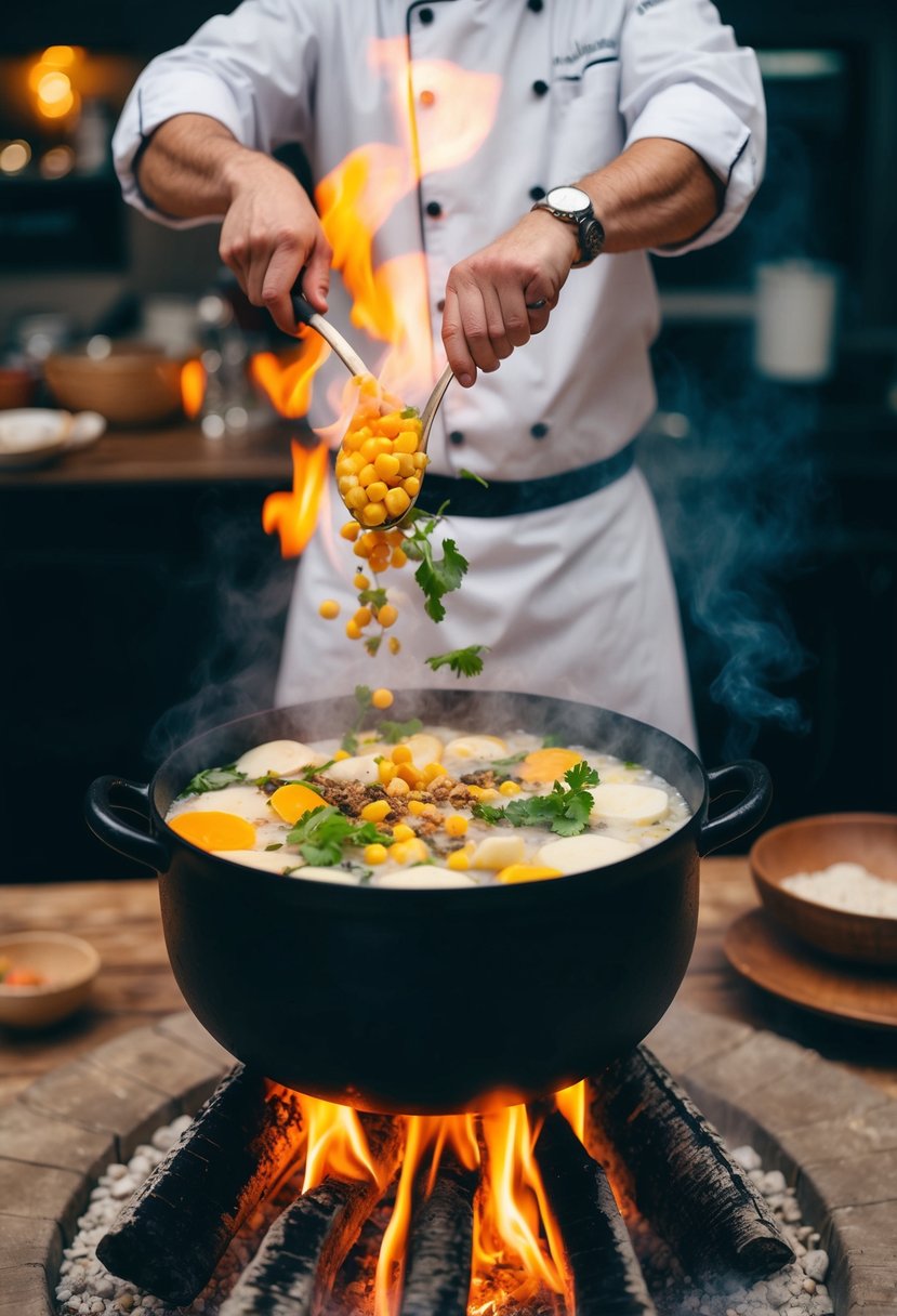 A chef mixing together unexpected ingredients in a bubbling cauldron over a crackling fire