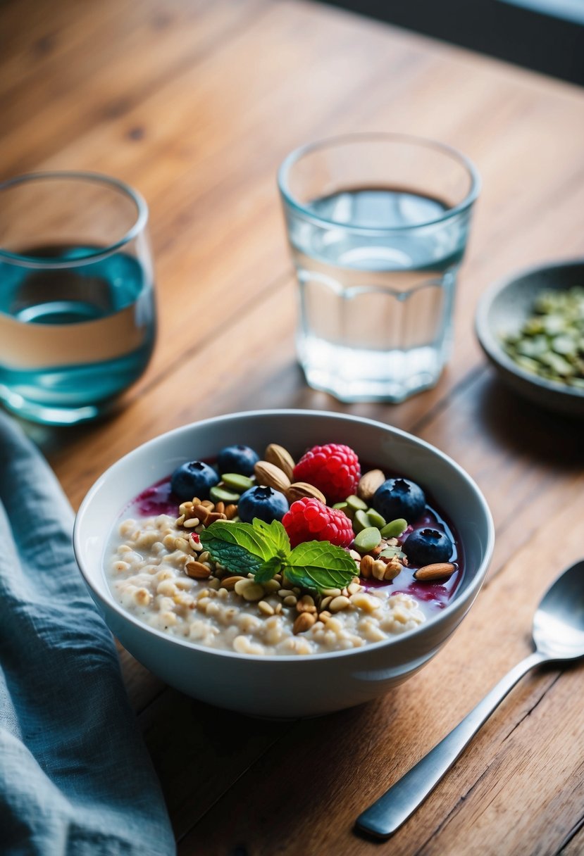 A bowl of oatmeal topped with fresh berries, nuts, and seeds sits on a wooden table next to a glass of water and a sprig of mint