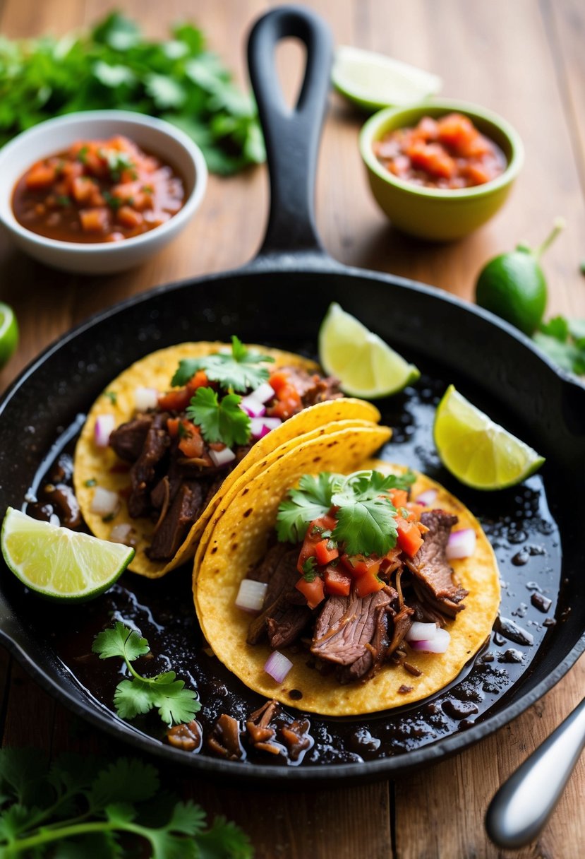 A sizzling skillet of barbacoa beef cheek tacos, topped with fresh cilantro and diced onions, served with a side of tangy lime wedges and spicy salsa