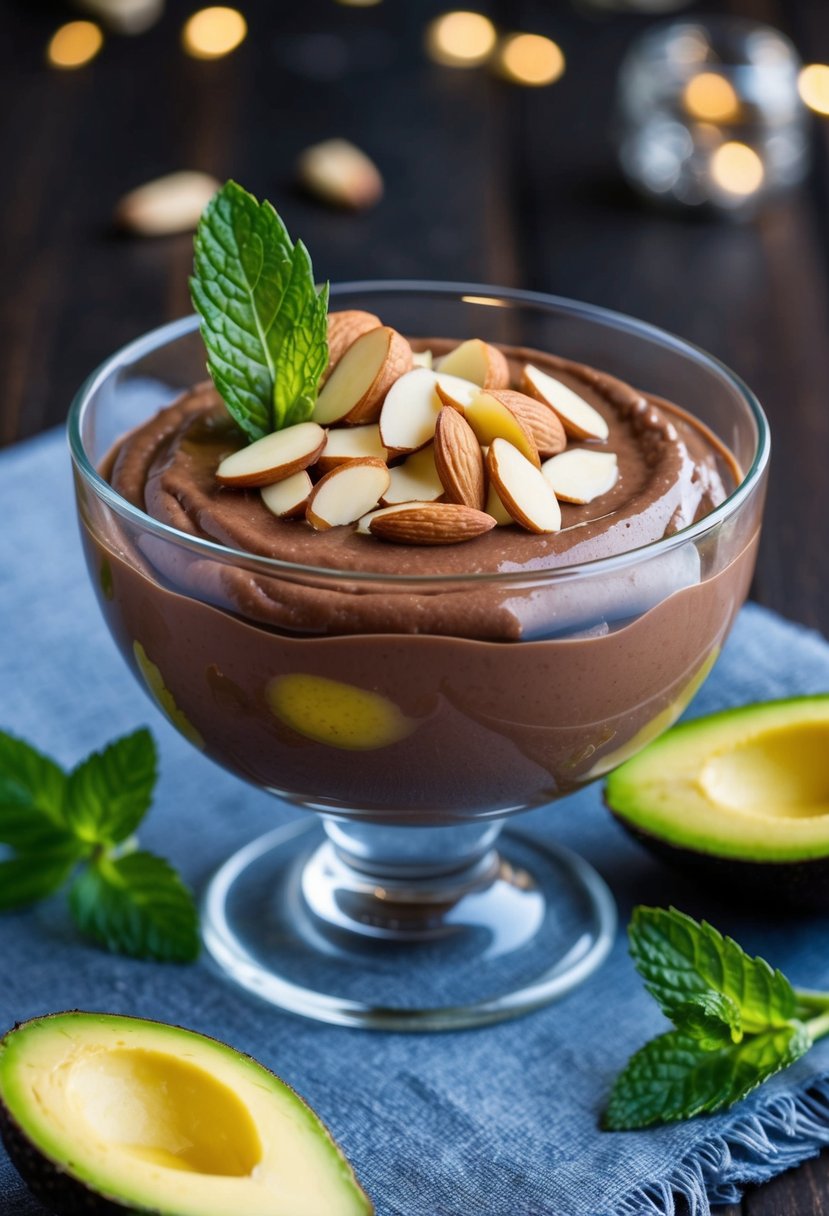 A bowl of creamy avocado chocolate pudding topped with sliced almonds and a sprig of mint