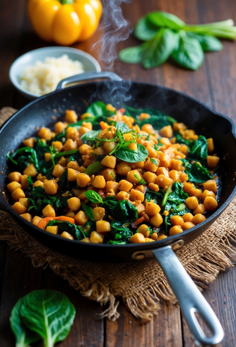 A sizzling skillet holds a vibrant mix of chickpeas, spinach, and colorful vegetables, emitting a tantalizing aroma