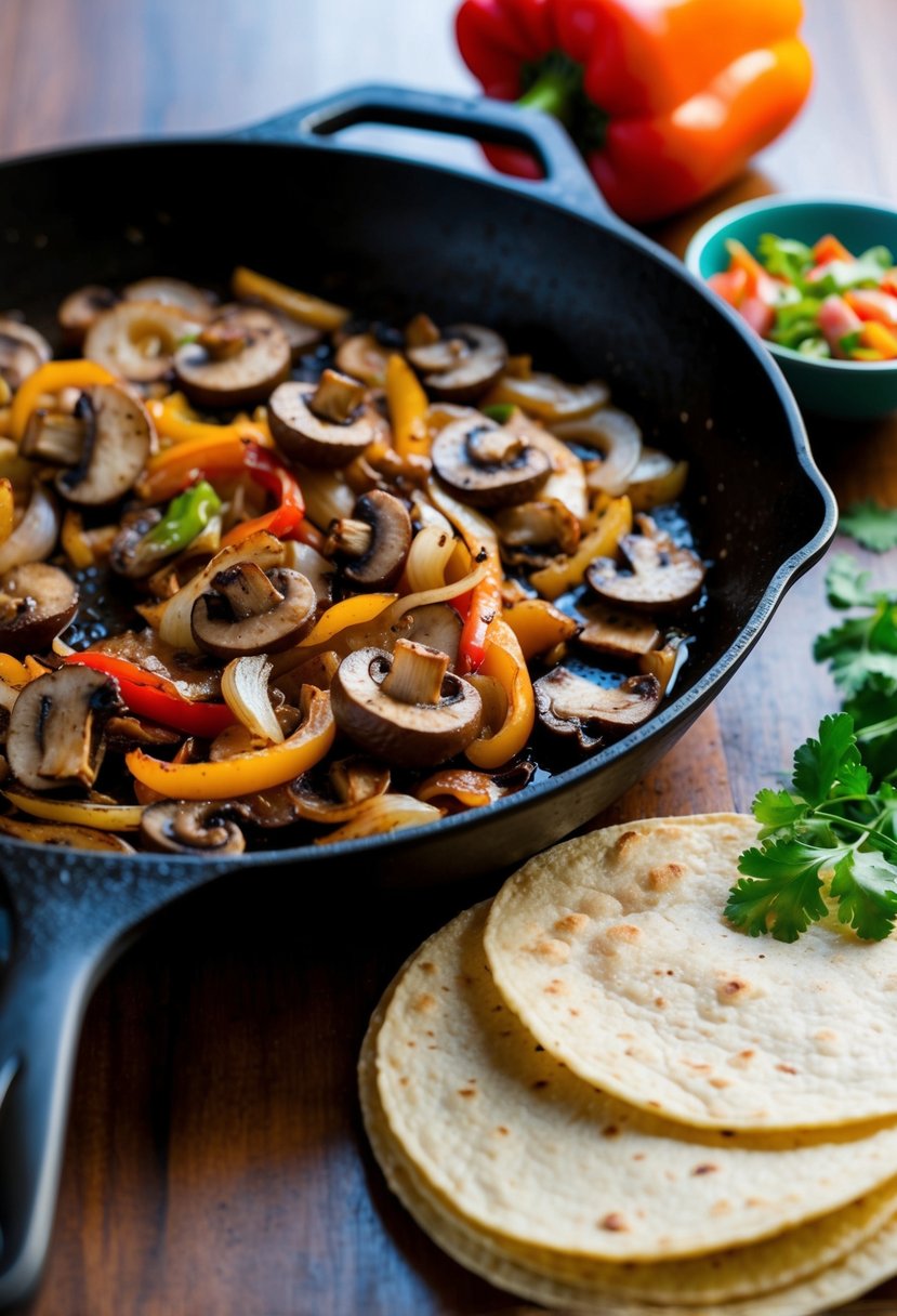 A sizzling skillet of chipotle-seasoned mushrooms, onions, and peppers, with a side of warm tortillas and colorful taco toppings