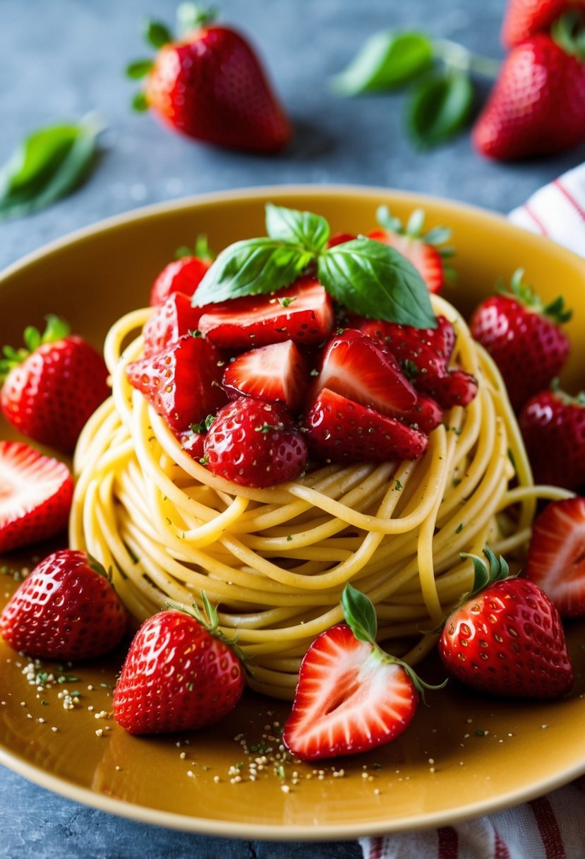 A plate of spaghetti topped with vibrant red strawberry sauce, surrounded by fresh strawberries and a sprinkle of basil leaves