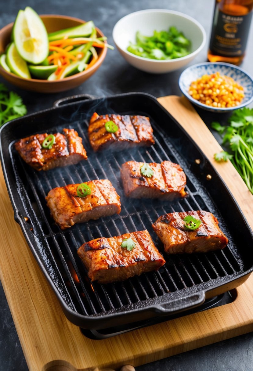 A sizzling grill cooks marinated meat and vegetables for Korean BBQ tacos. Ingredients are laid out on a wooden cutting board