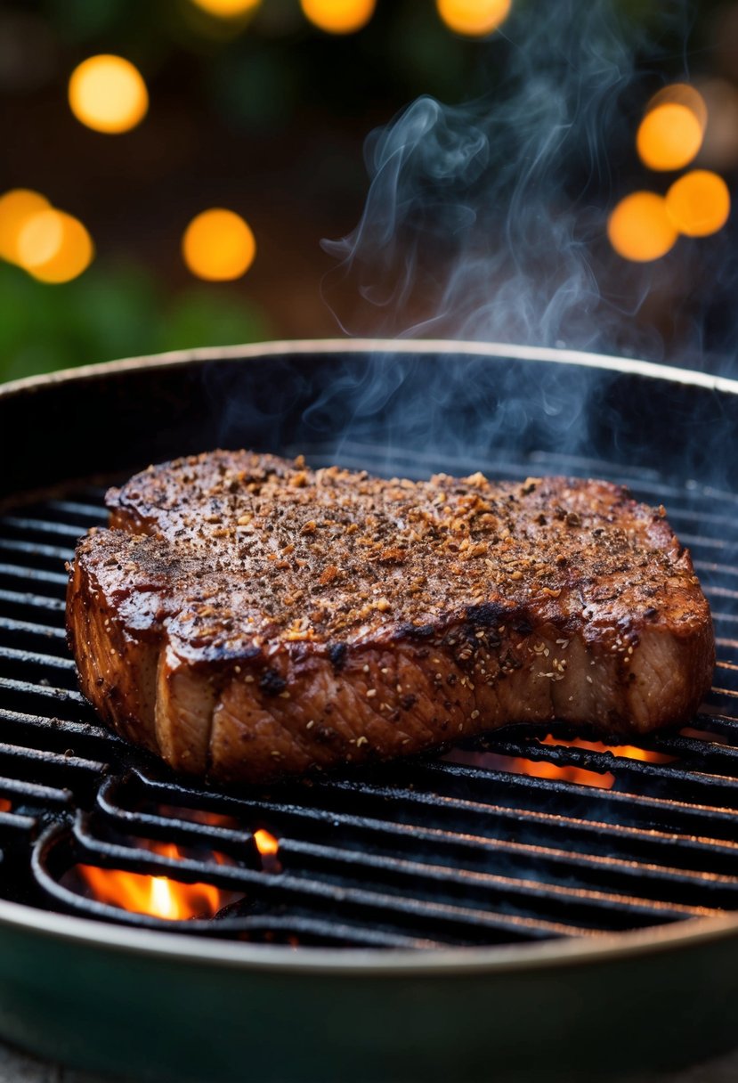 A juicy steak coated in a rich, dark coffee rub sizzling on a hot grill. A tantalizing aroma wafts through the air as the meat caramelizes and cooks to perfection