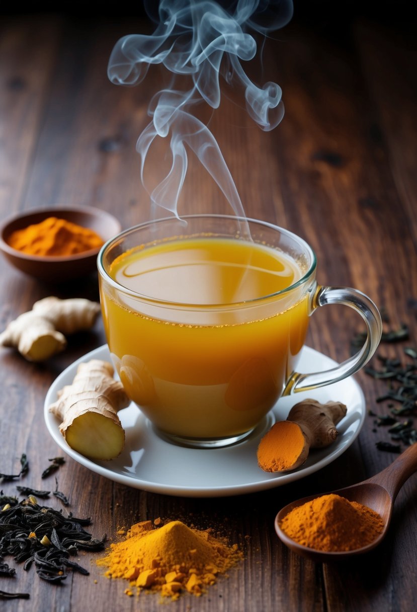 A steaming cup of turmeric ginger tea surrounded by fresh ginger root, turmeric powder, and a scattering of dried tea leaves