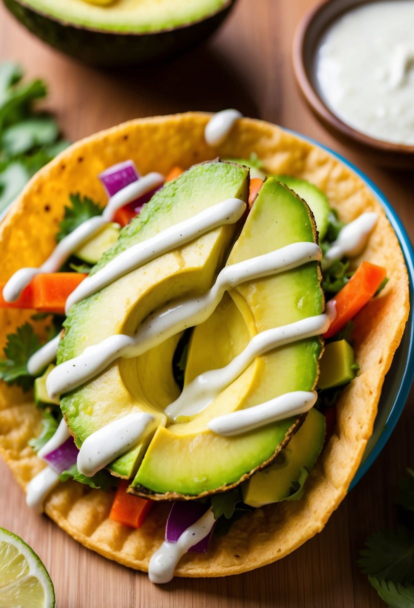 Freshly fried avocado slices in a crispy taco shell, topped with colorful vegetables and drizzled with creamy sauce