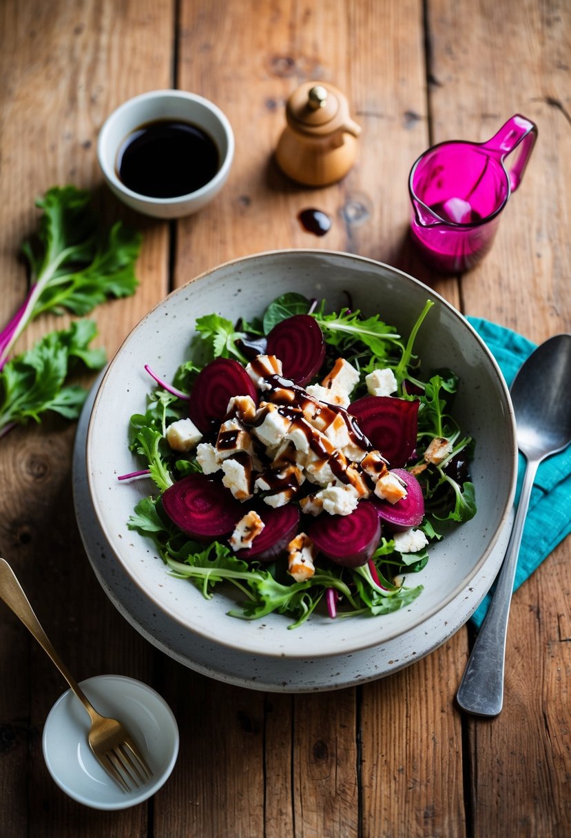 A rustic wooden table set with a vibrant beet and goat cheese salad, surrounded by fresh ingredients and a drizzle of balsamic vinaigrette