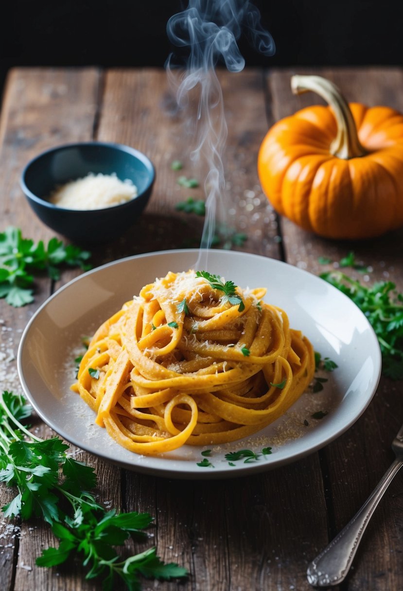 A steaming plate of pumpkin alfredo pasta sits on a rustic wooden table, garnished with fresh herbs and grated parmesan