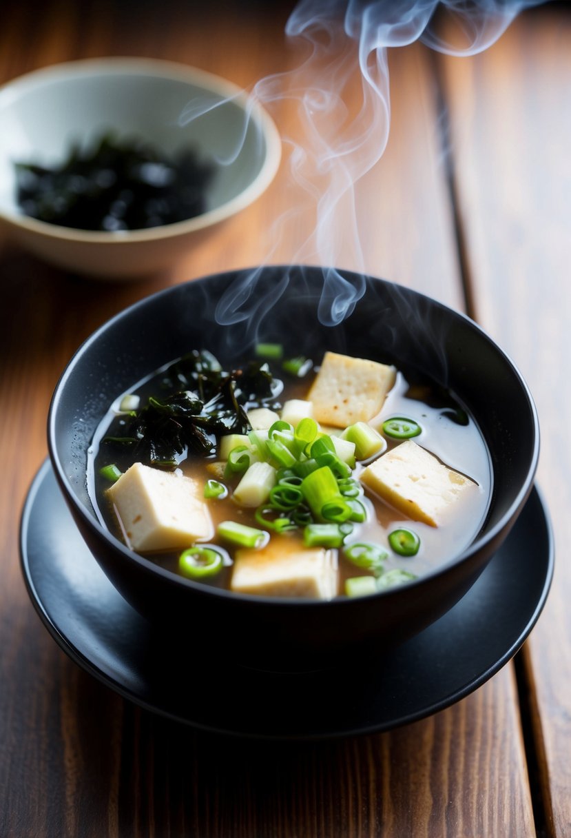 A steaming bowl of miso soup with chunks of tofu, floating scallions, and seaweed garnish on a wooden table