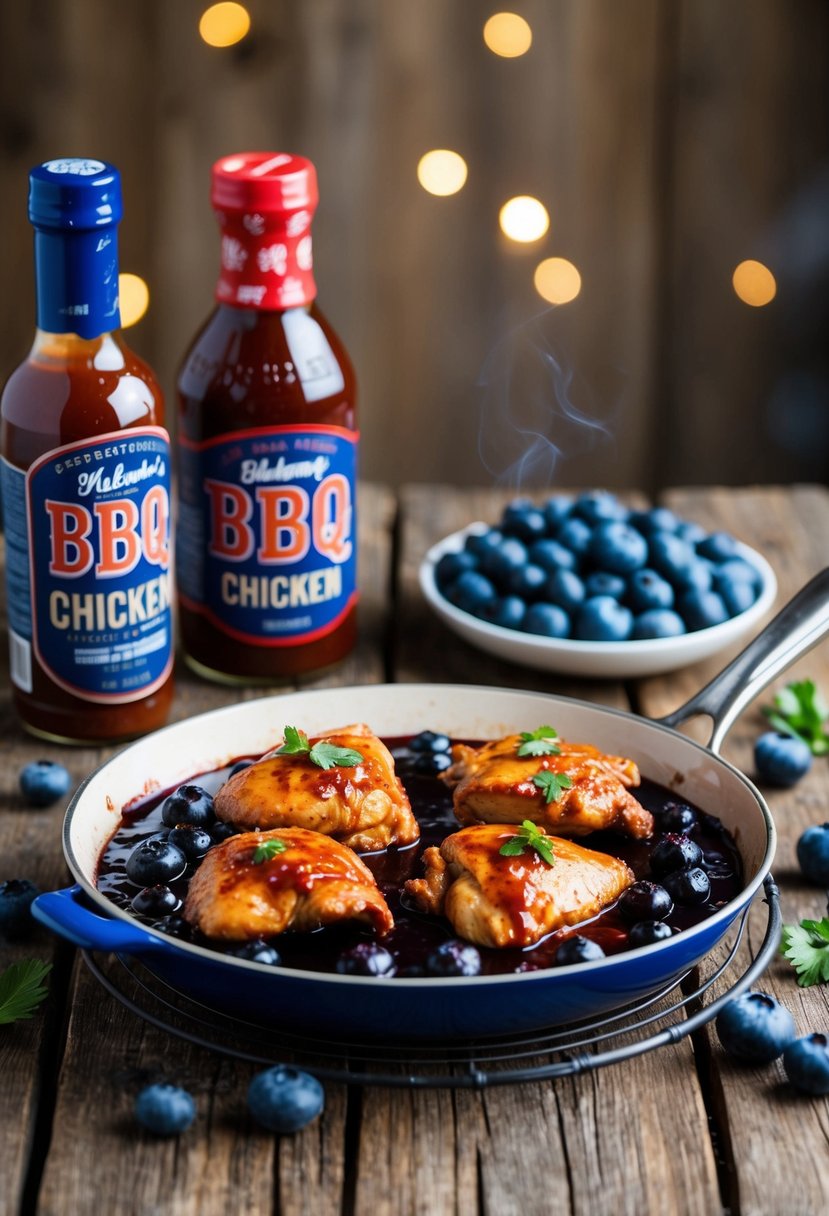 A sizzling blueberry BBQ chicken dish on a rustic wooden table with fresh blueberries and a bottle of BBQ sauce in the background