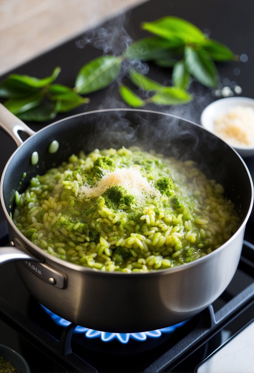 A steaming pot of matcha green tea risotto cooking on a stovetop, surrounded by vibrant green tea leaves and a sprinkling of Parmesan cheese