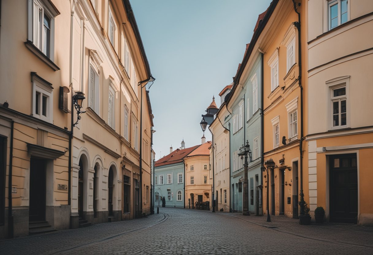 Romantiškos Vilniaus senamiesčio gatvės su akmenimis grįstais takais, spalvingais pastatais ir žavingomis kavinėmis