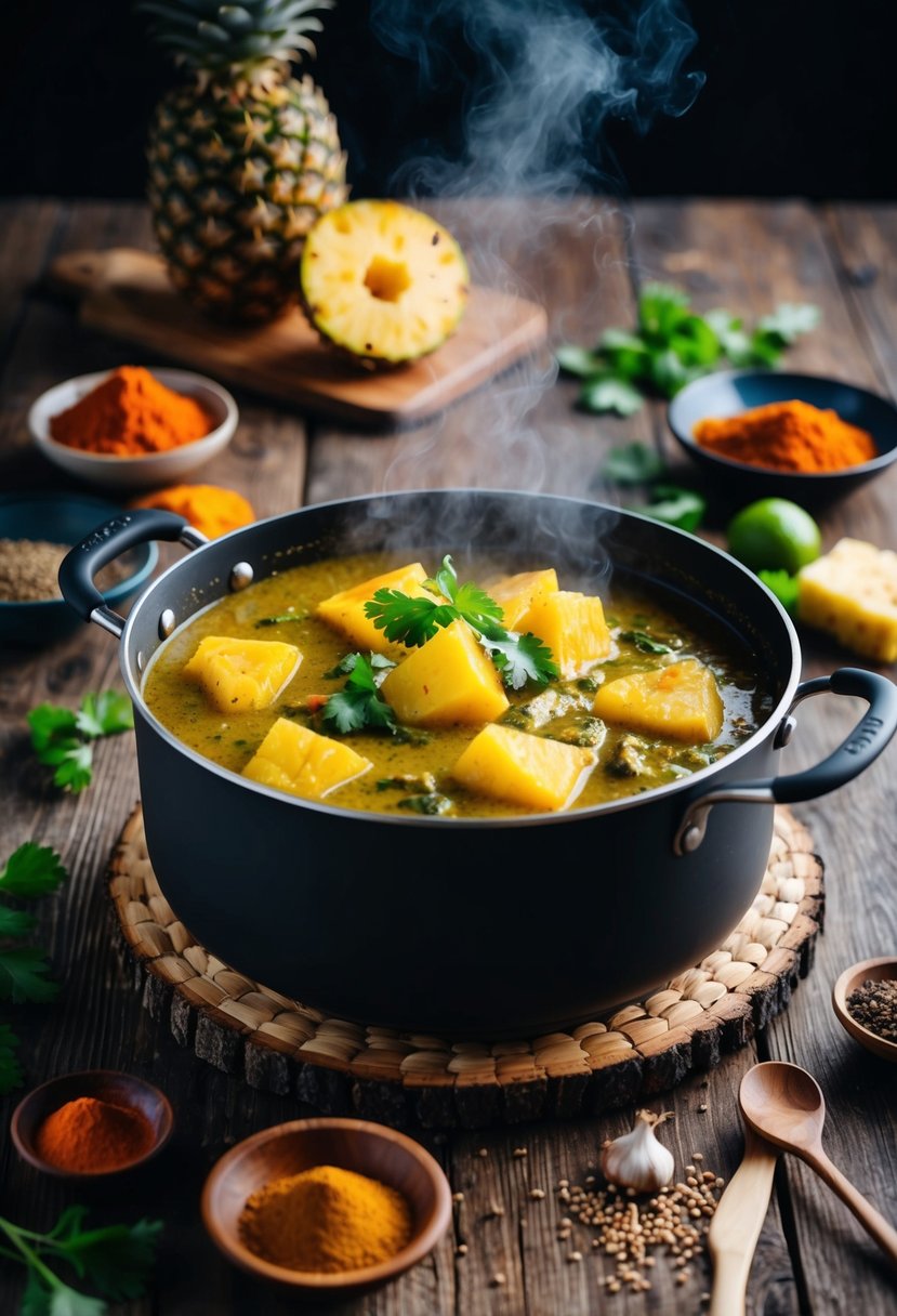 A steaming pot of pineapple curry simmering on a rustic wooden table, surrounded by exotic spices and fresh ingredients