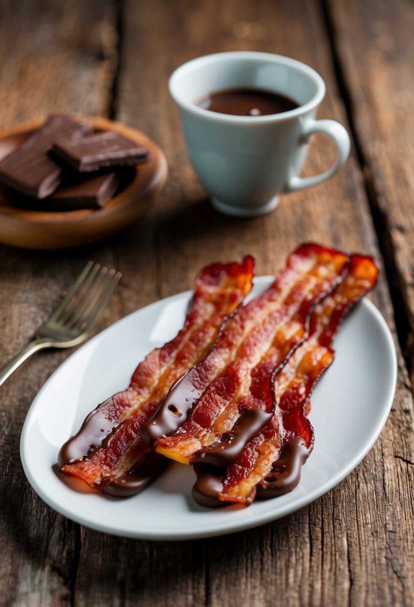 A plate of chocolate-covered bacon on a rustic wooden table