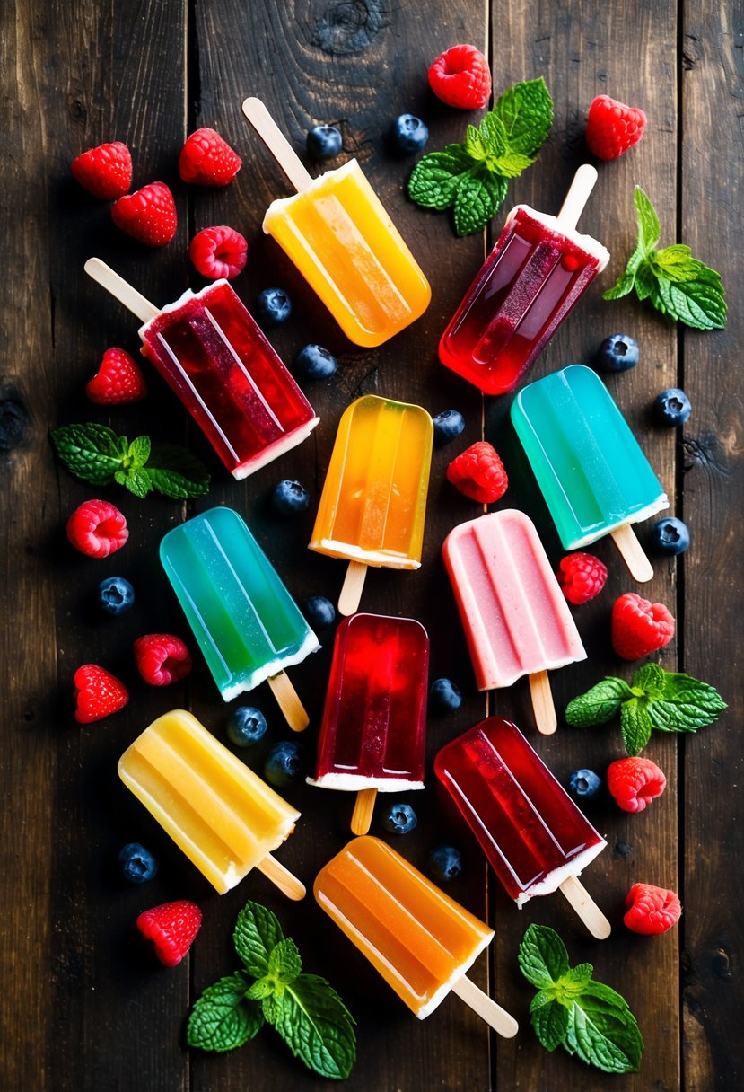 A colorful array of keto jello popsicles arranged on a rustic wooden table, surrounded by fresh berries and mint leaves