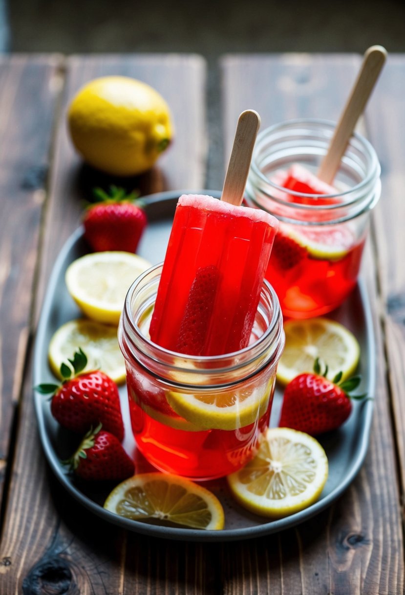 A glass jar filled with strawberry lemonade keto jello popsicles, surrounded by fresh strawberries and lemon slices on a wooden table