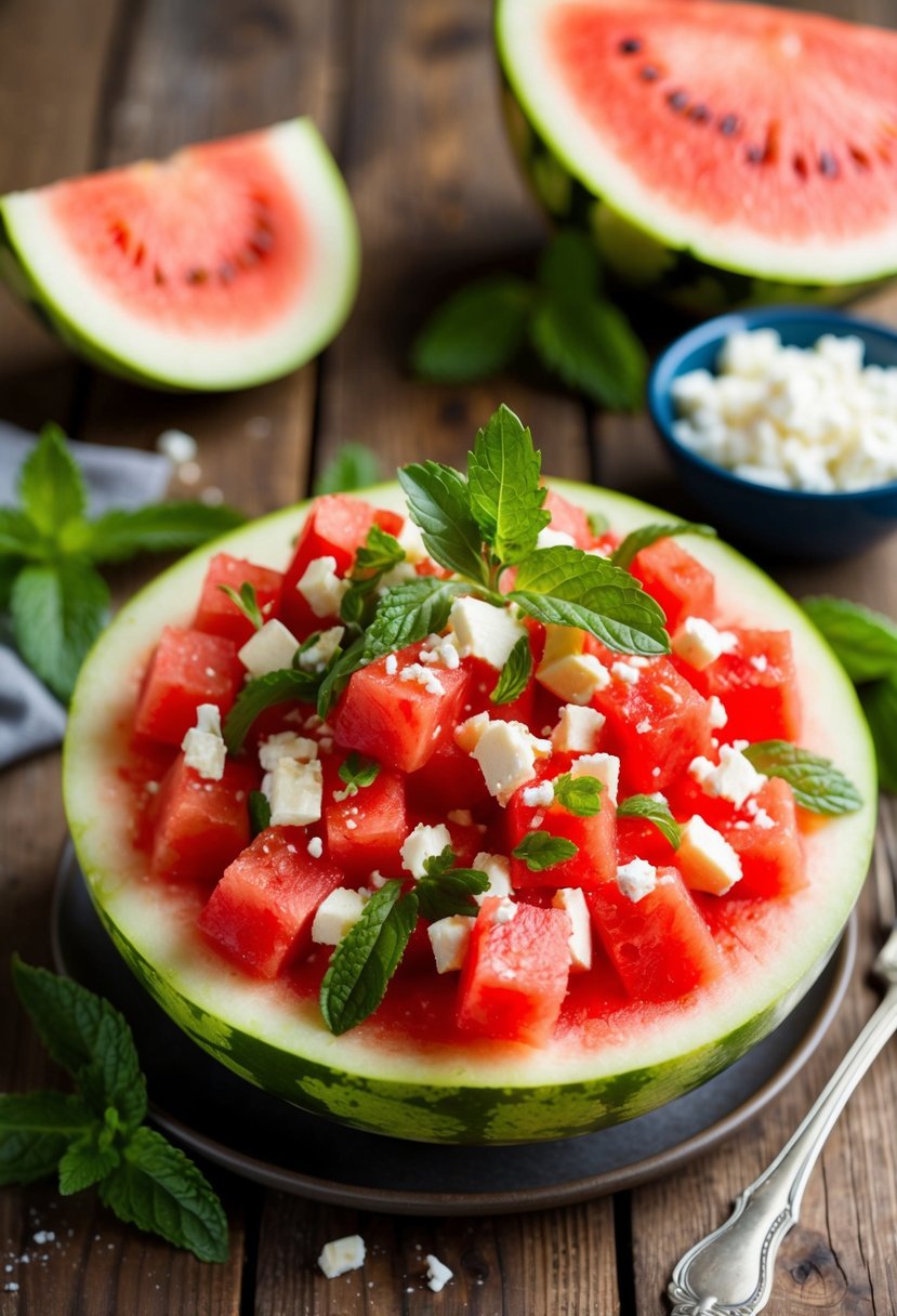 A vibrant watermelon feta salad sits on a rustic wooden table, surrounded by fresh mint leaves and crumbled feta cheese