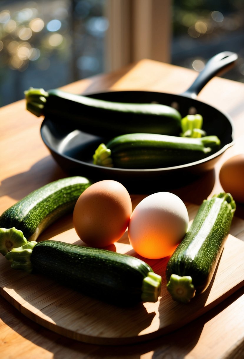 Fresh zucchinis, eggs, and a skillet on a wooden table. Sunlight streams in, casting a warm glow on the ingredients