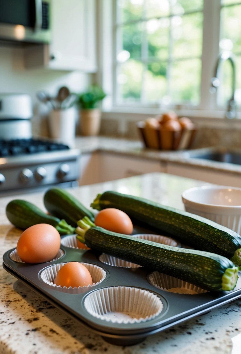 A kitchen counter with zucchinis, eggs, and muffin tins