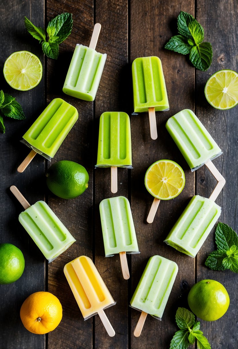 A colorful assortment of lime and avocado popsicles arranged on a rustic wooden surface, surrounded by fresh fruit and mint leaves